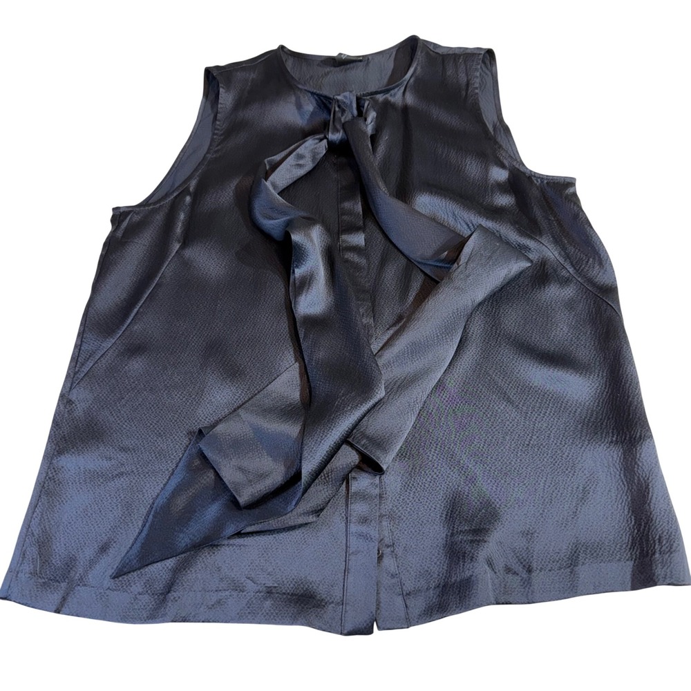 Club Monaco Silk Blouse Large Navy Tie Neck Sleeveless 00400987